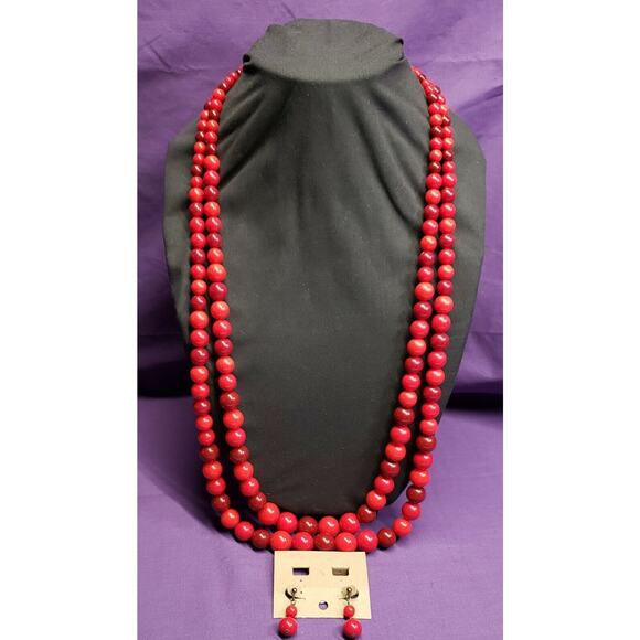 Long 2 Layer Vibrant Red Acrylic Beaded Necklace & Earrings Set, Gunmetal Clasp - Picture 1 of 11